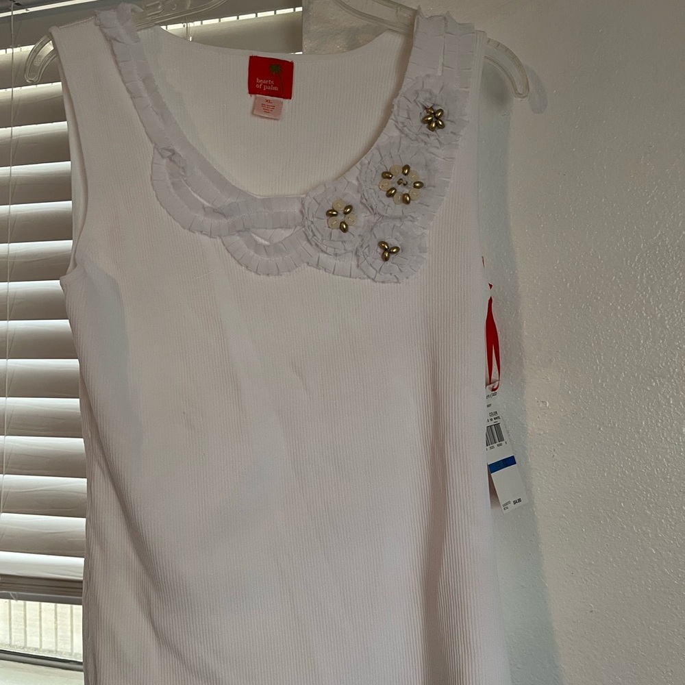 Hearts of Palm White Tank Top with Floral Embellishments